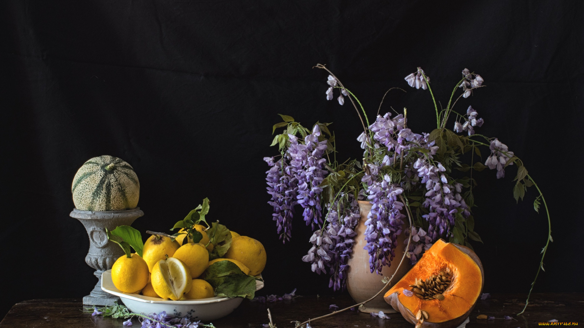 еда, натюрморт, тыква, глициния, дыня, лимон