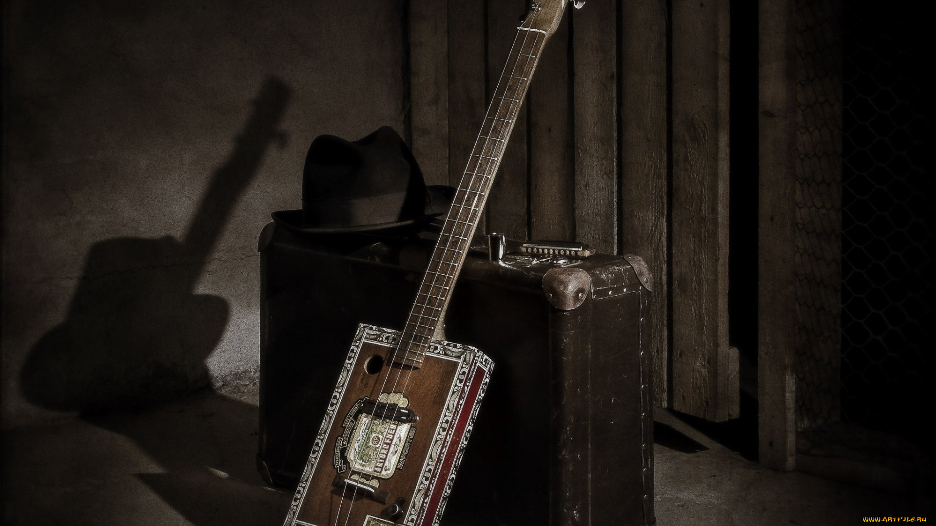 музыка, -музыкальные, инструменты, гитара, чемодан, шляпа