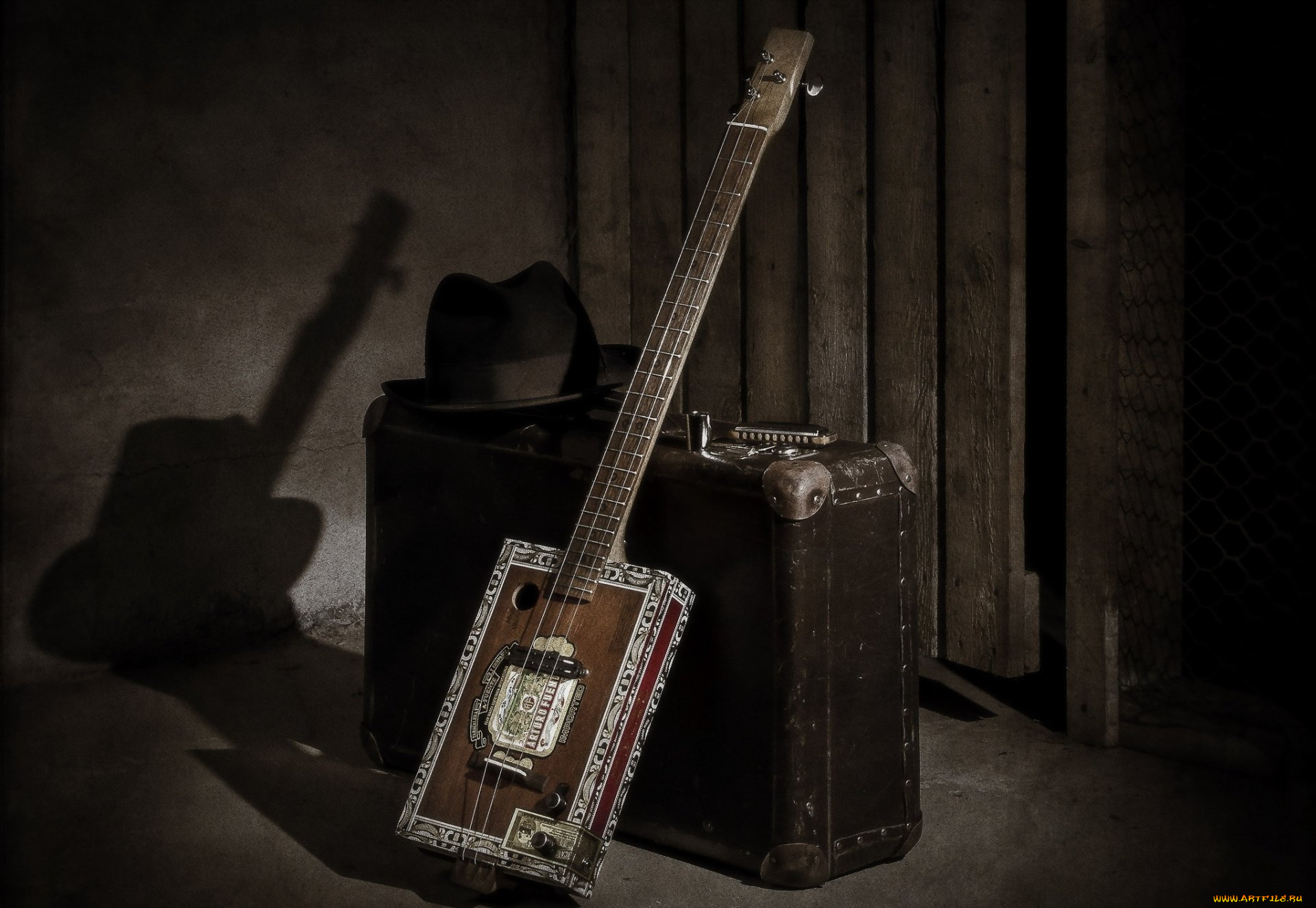 музыка, -музыкальные, инструменты, гитара, чемодан, шляпа