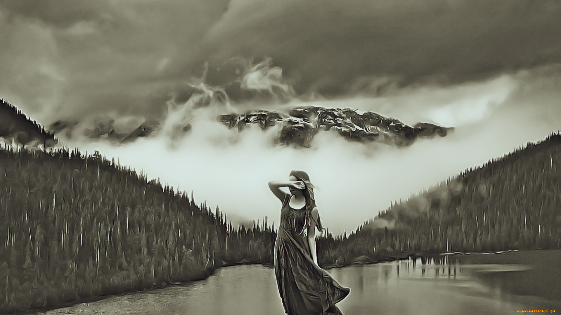 календари, компьютерный, дизайн, 2019, calendar, природа, дерево, женщина, туман, гора, девушка, водоем