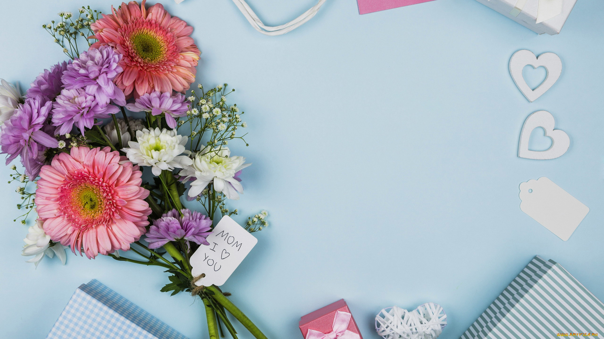 праздничные, день, матери, признание, сердечки, букет