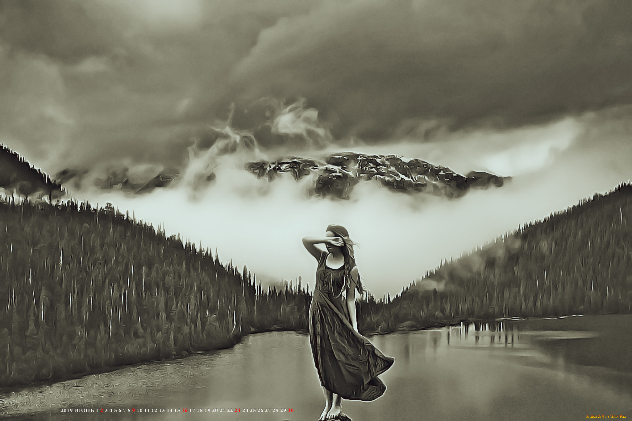 календари, компьютерный, дизайн, 2019, calendar, природа, дерево, женщина, туман, гора, девушка, водоем