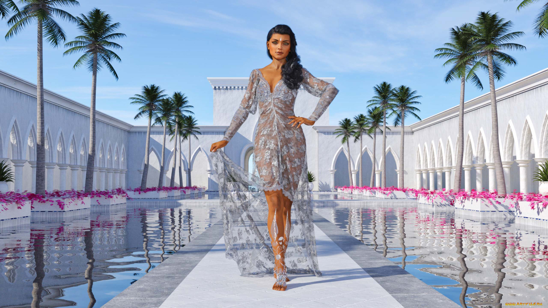 3д, графика, люди, , people, девушка, фон, взгляд, бассейн