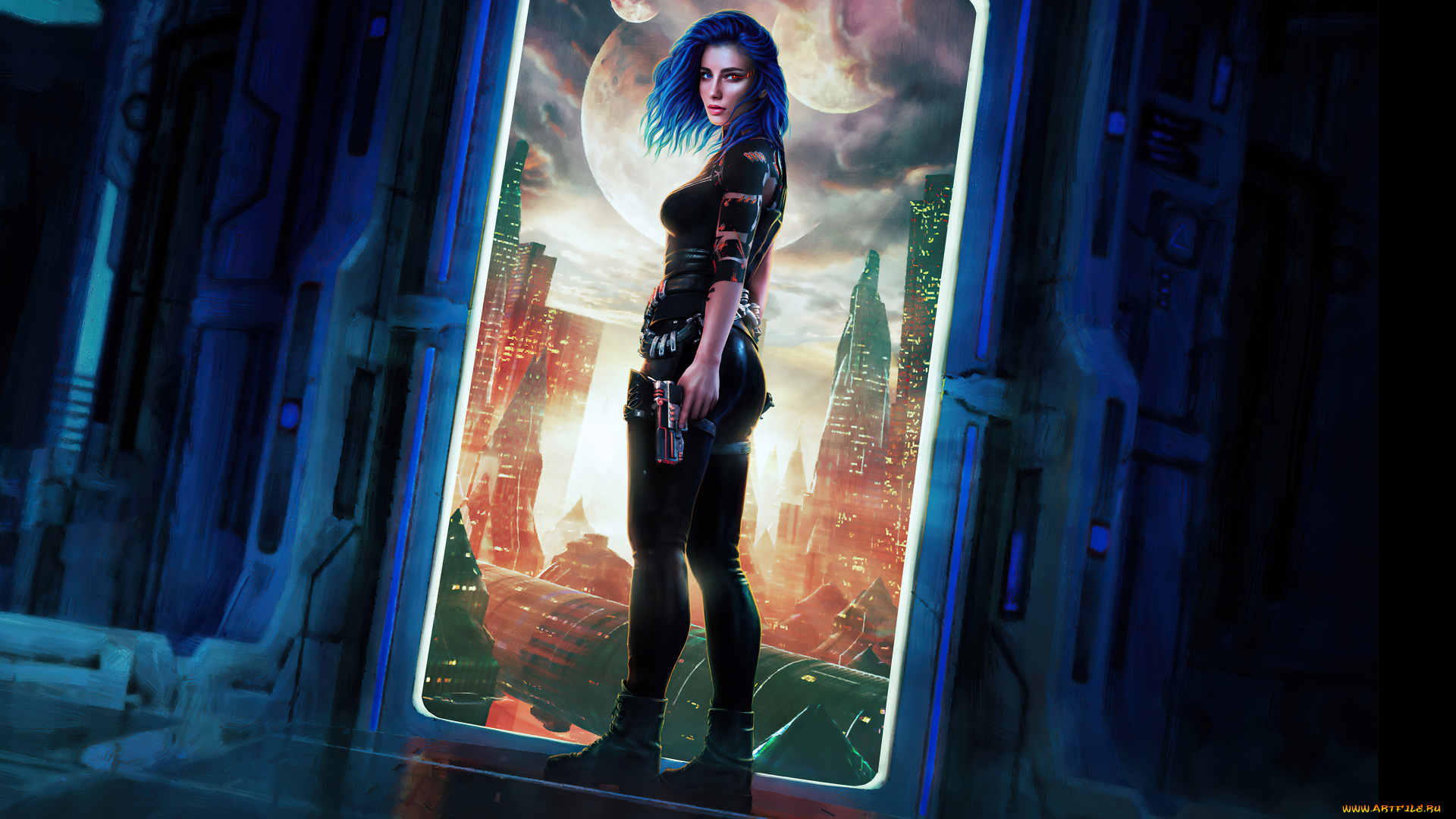 фэнтези, фотоарт, синие, волосы, девушка, научная, фантастика, город, оружие, костюм