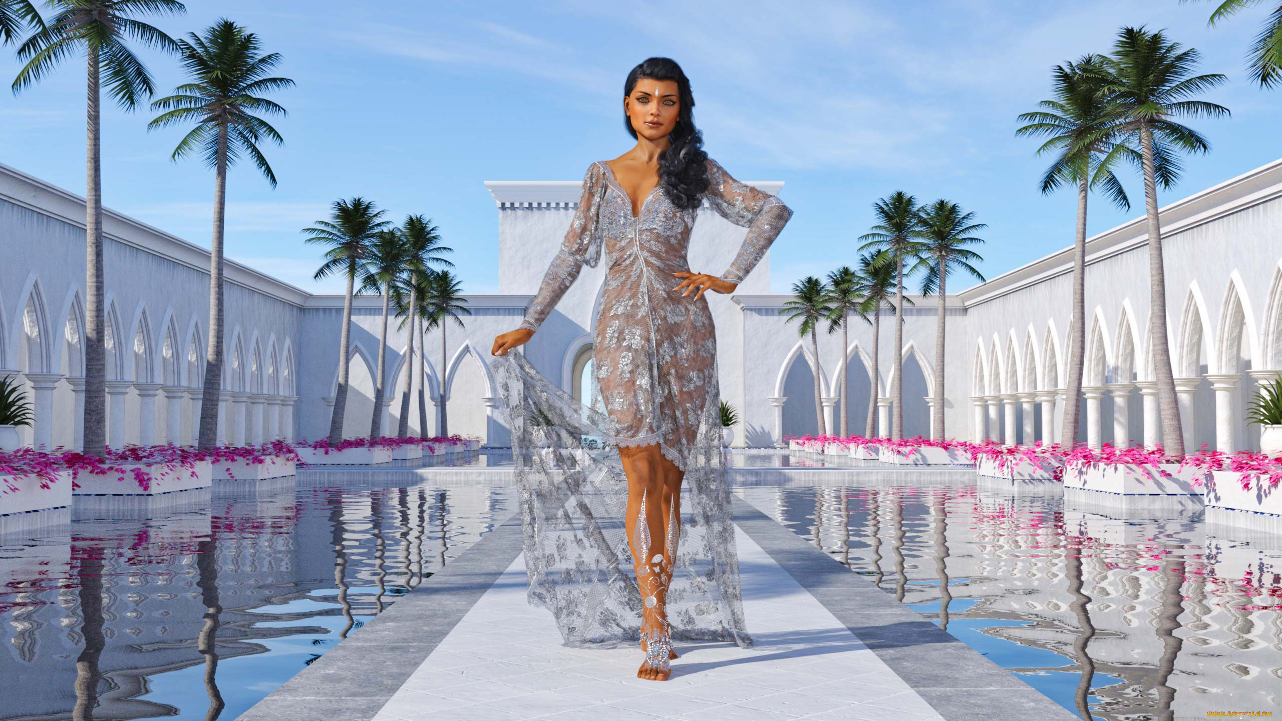 3д, графика, люди, , people, девушка, фон, взгляд, бассейн