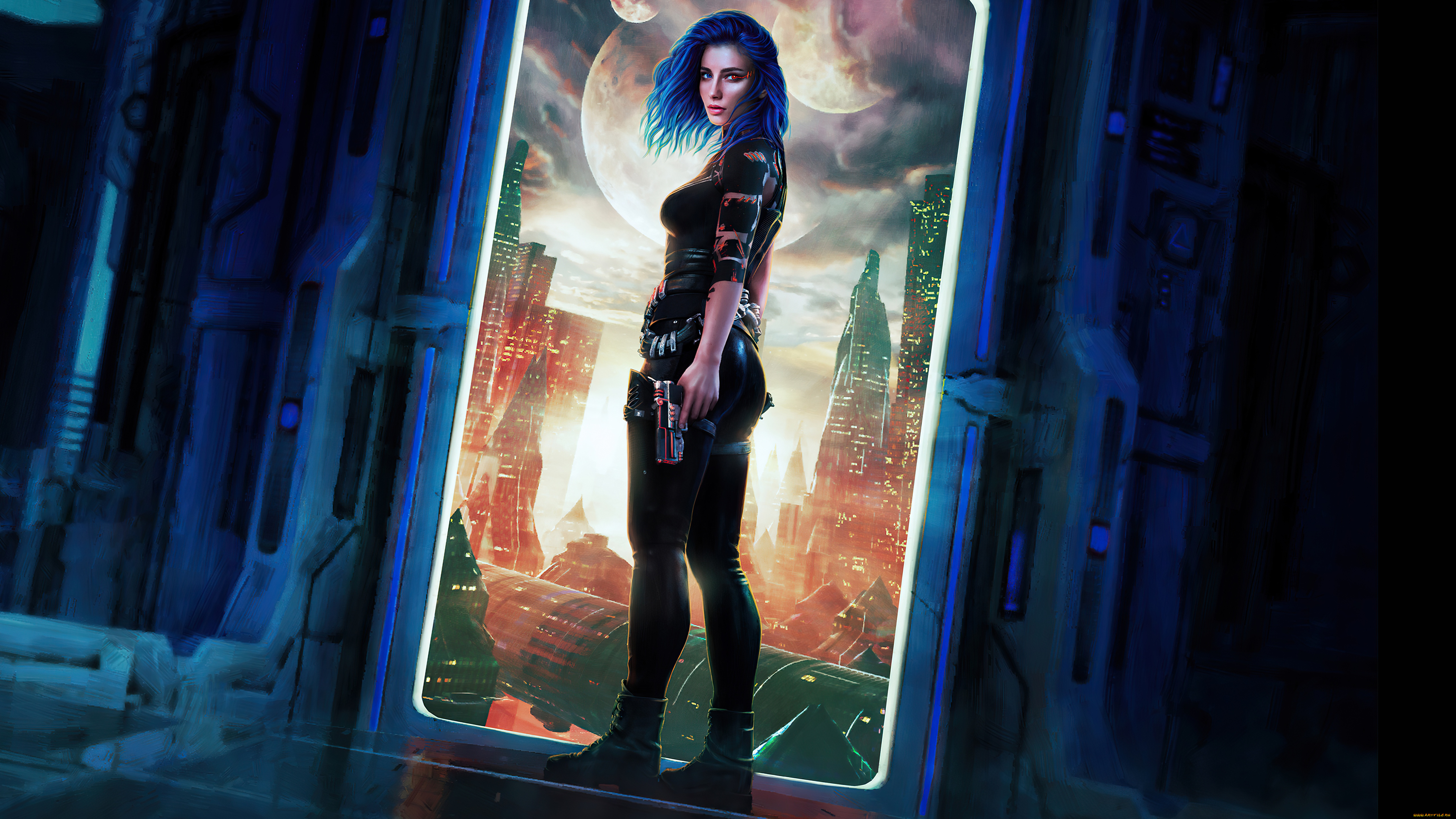 фэнтези, фотоарт, синие, волосы, девушка, научная, фантастика, город, оружие, костюм
