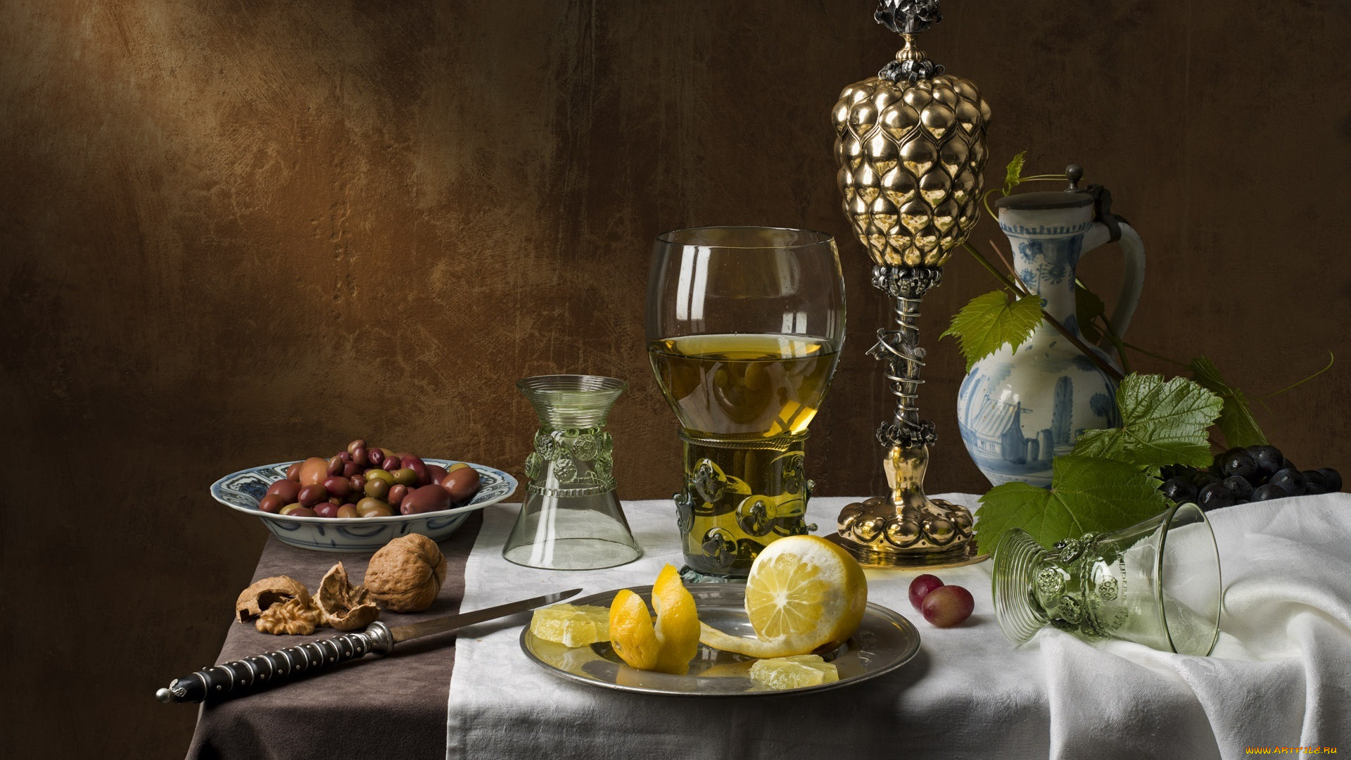 еда, натюрморт, маслины, лимон, орехи, вино