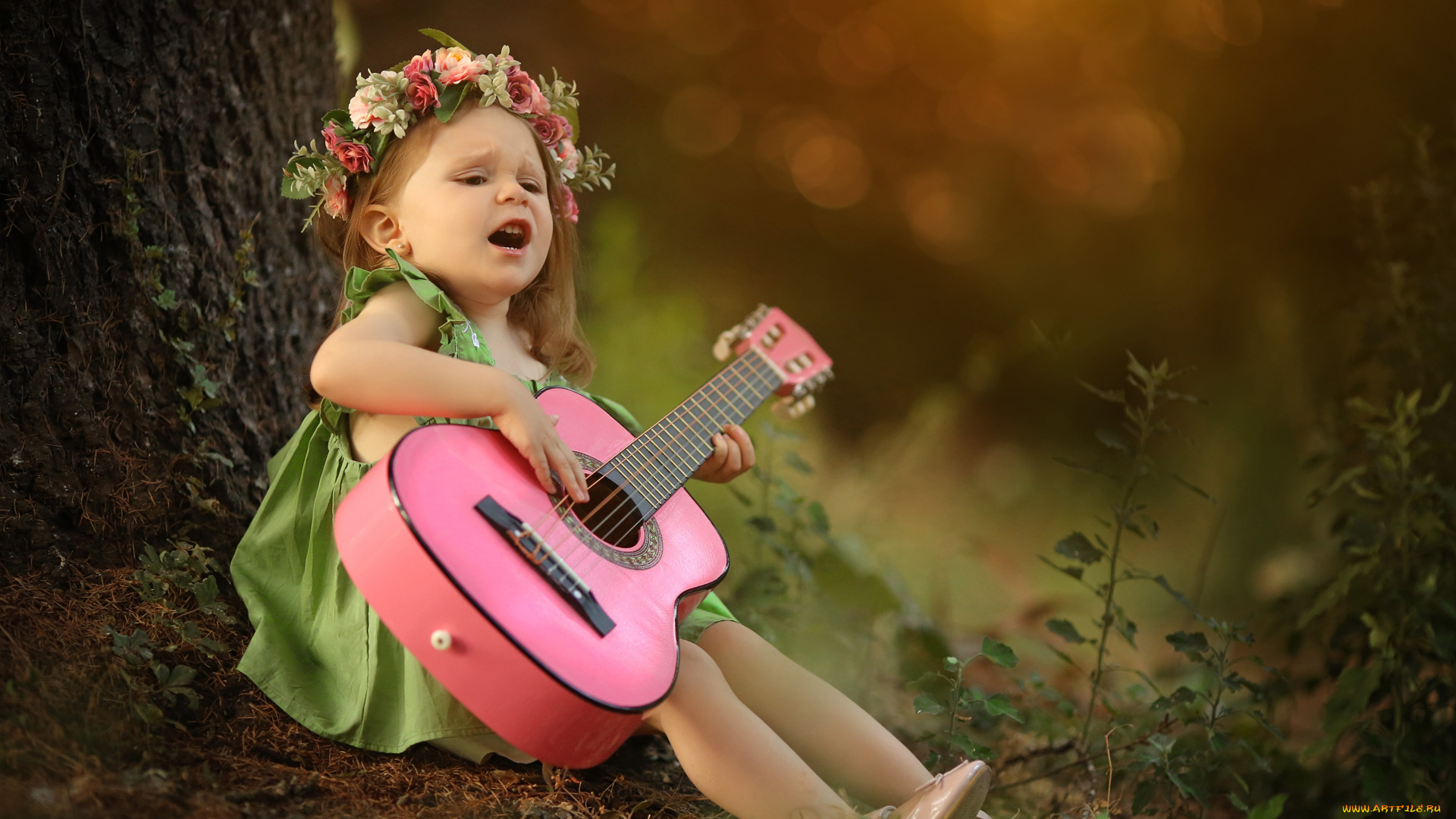 музыка, -другое, девочка, венок, гитара, песня, дерево