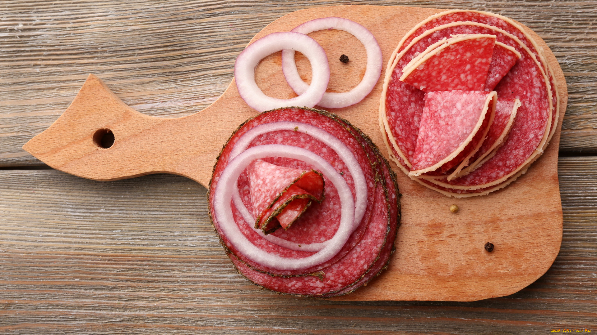 еда, колбасные, изделия, лук, салями, нарезка