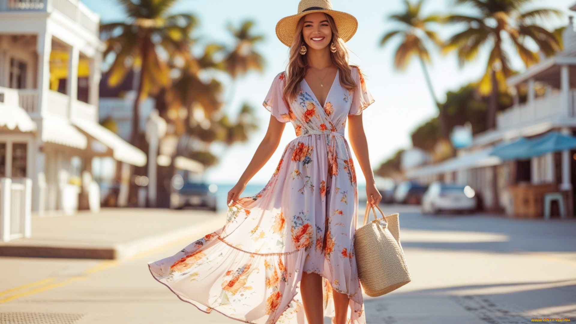 3д, графика, люди, , people, летнее, платье, шляпа, сумка, серьги, улыбка