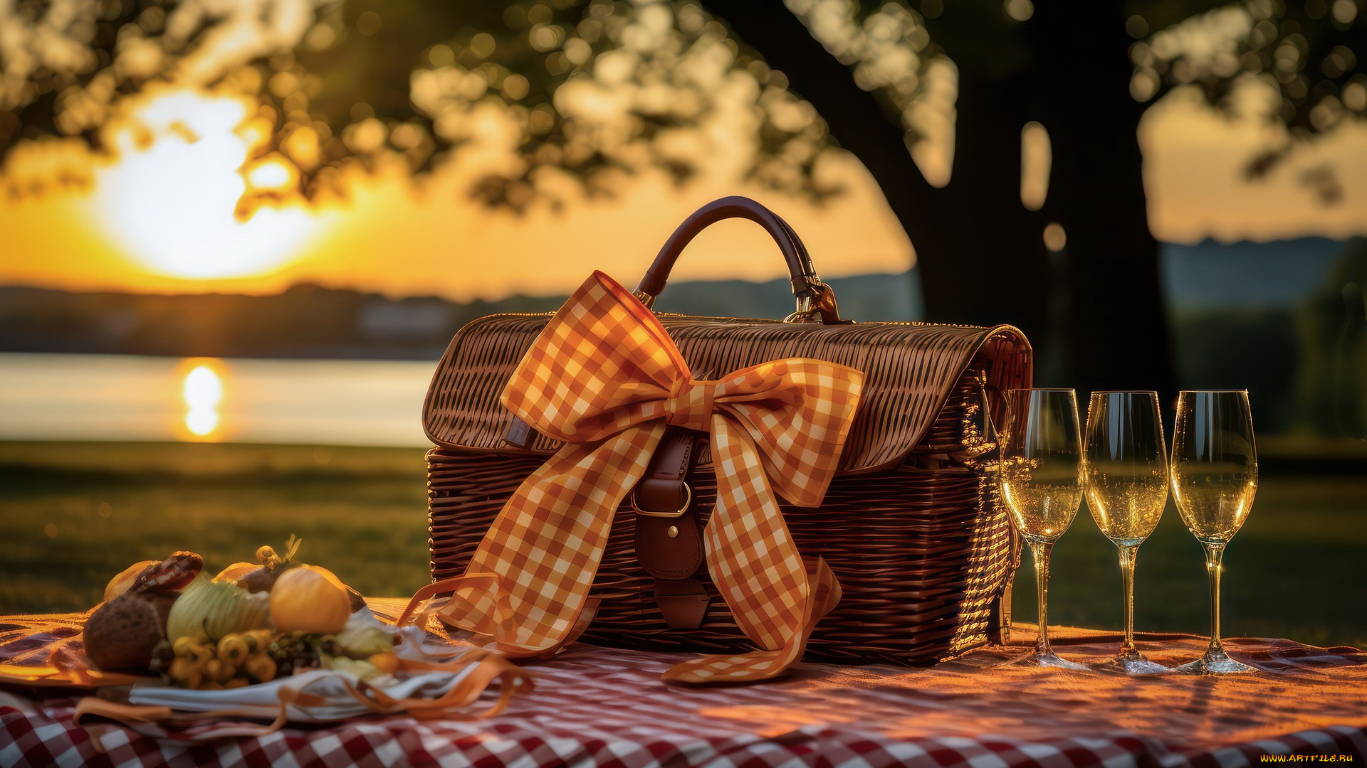 3д, графика, реализм, , realism, закат, стол, бокалы, вино, корзина, бант, лента