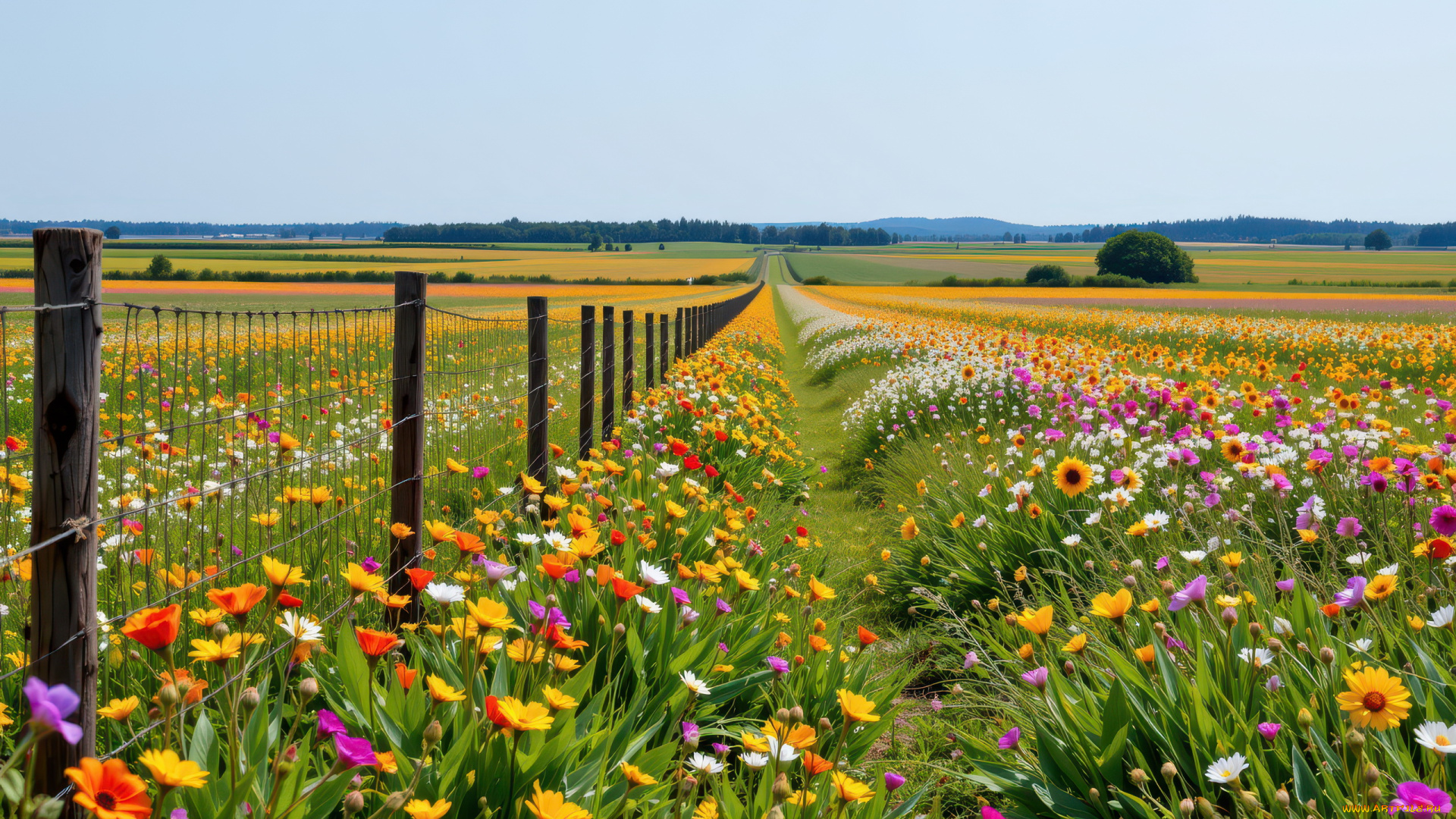 комп, , дизайн, 3д, графика, природа, , nature, пейзаж, луг, разноцветье