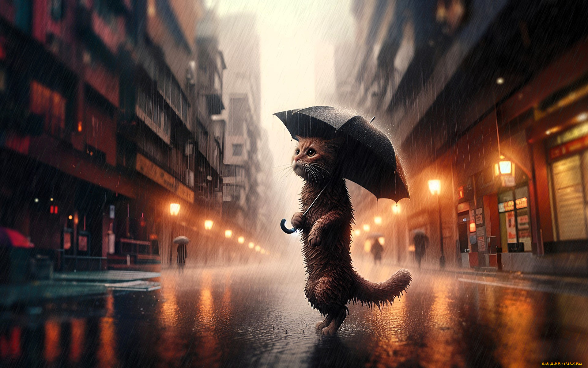 3д, графика, животные, , animals, кот, зонт, дождь, город, улица, дома