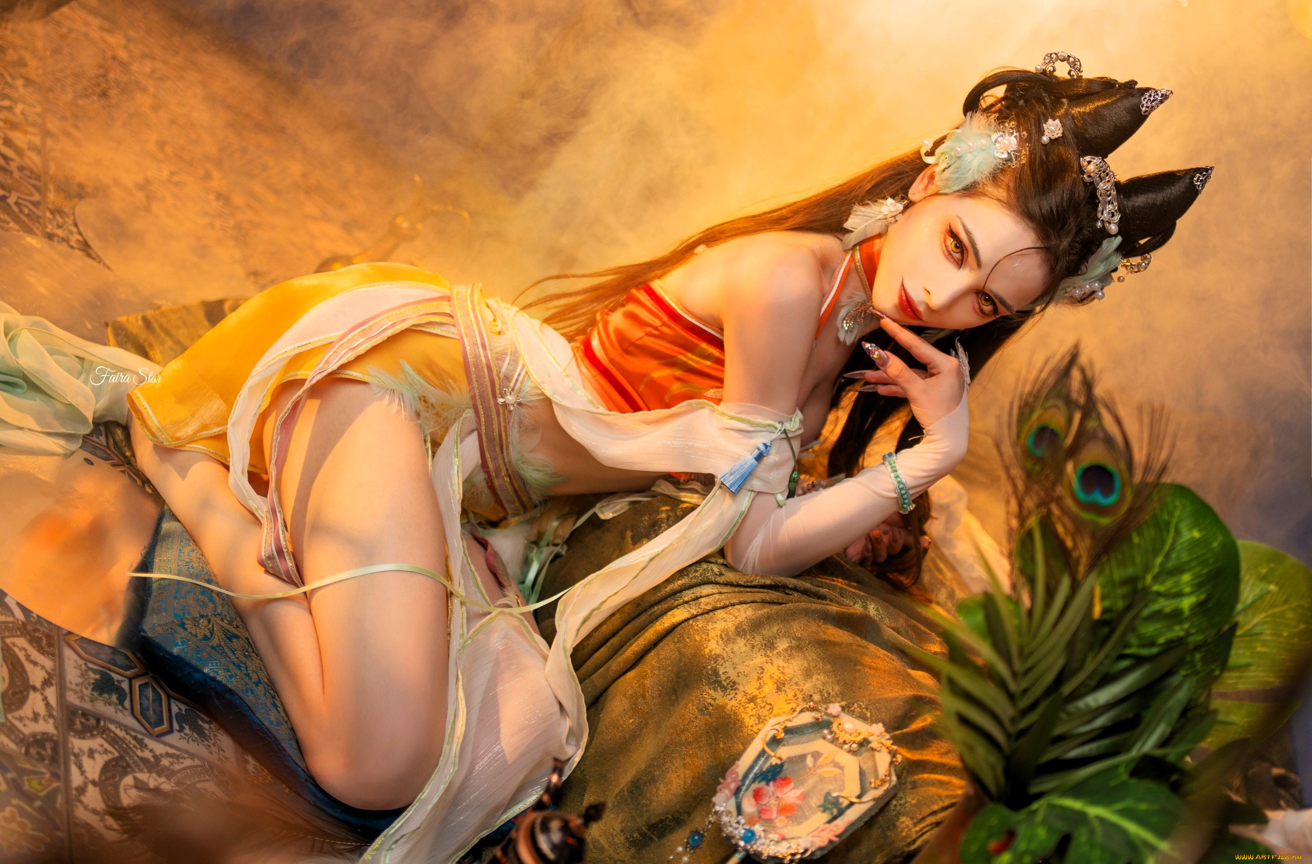 девушки, -, креатив, , косплей, образ, косплей, наряд, диван, перья