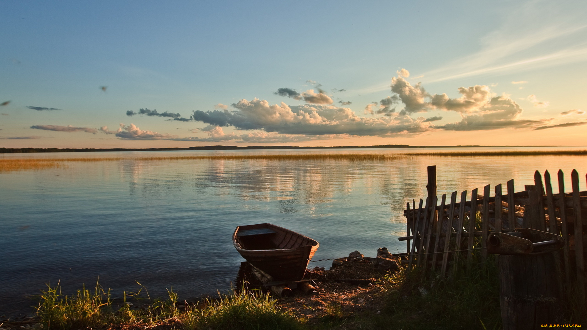 корабли, лодки, шлюпки, облака, забор, озеро