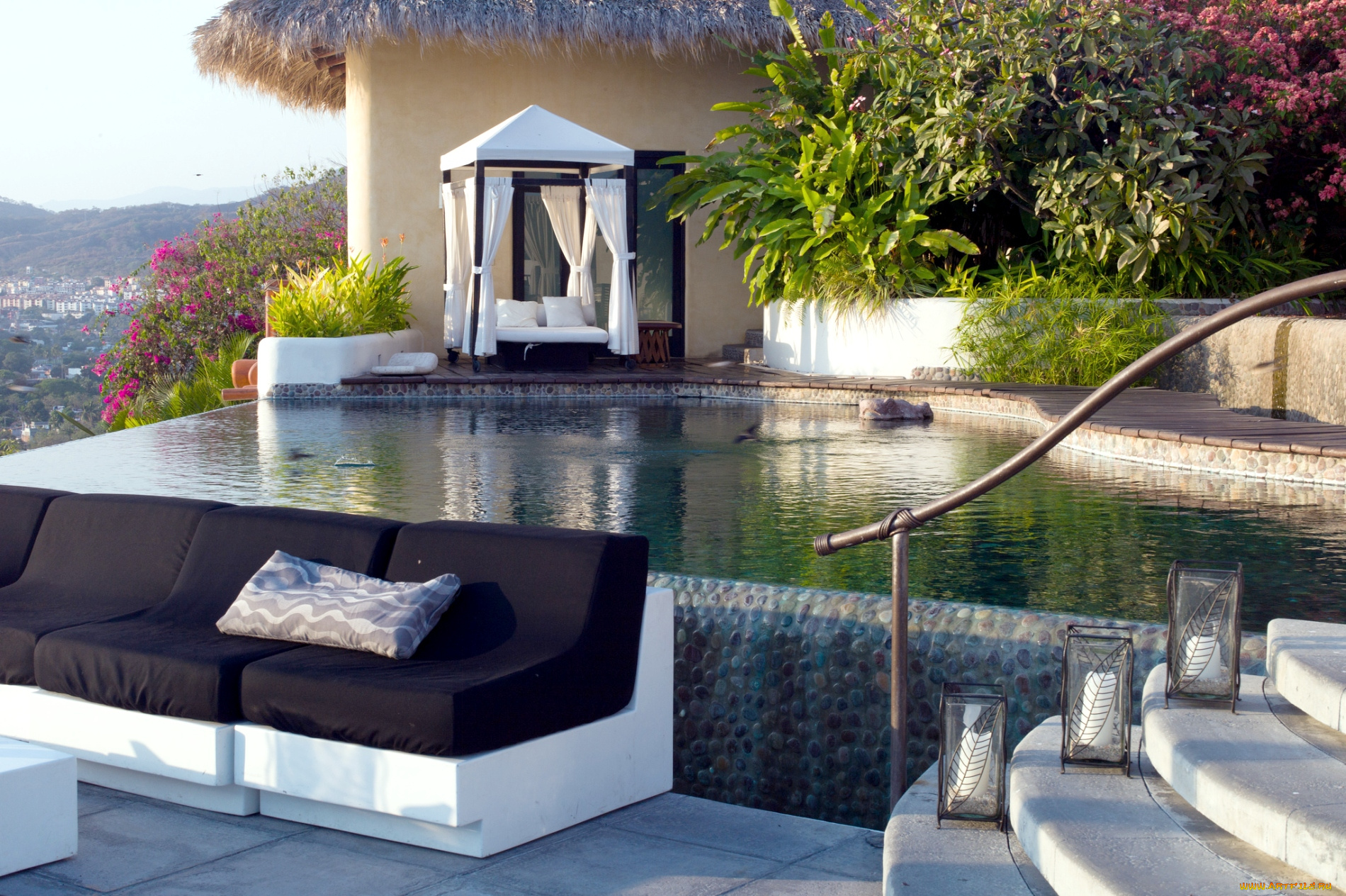 интерьер, бассейны, открытые, площадки, бассейн, бунгало, диван, лестница