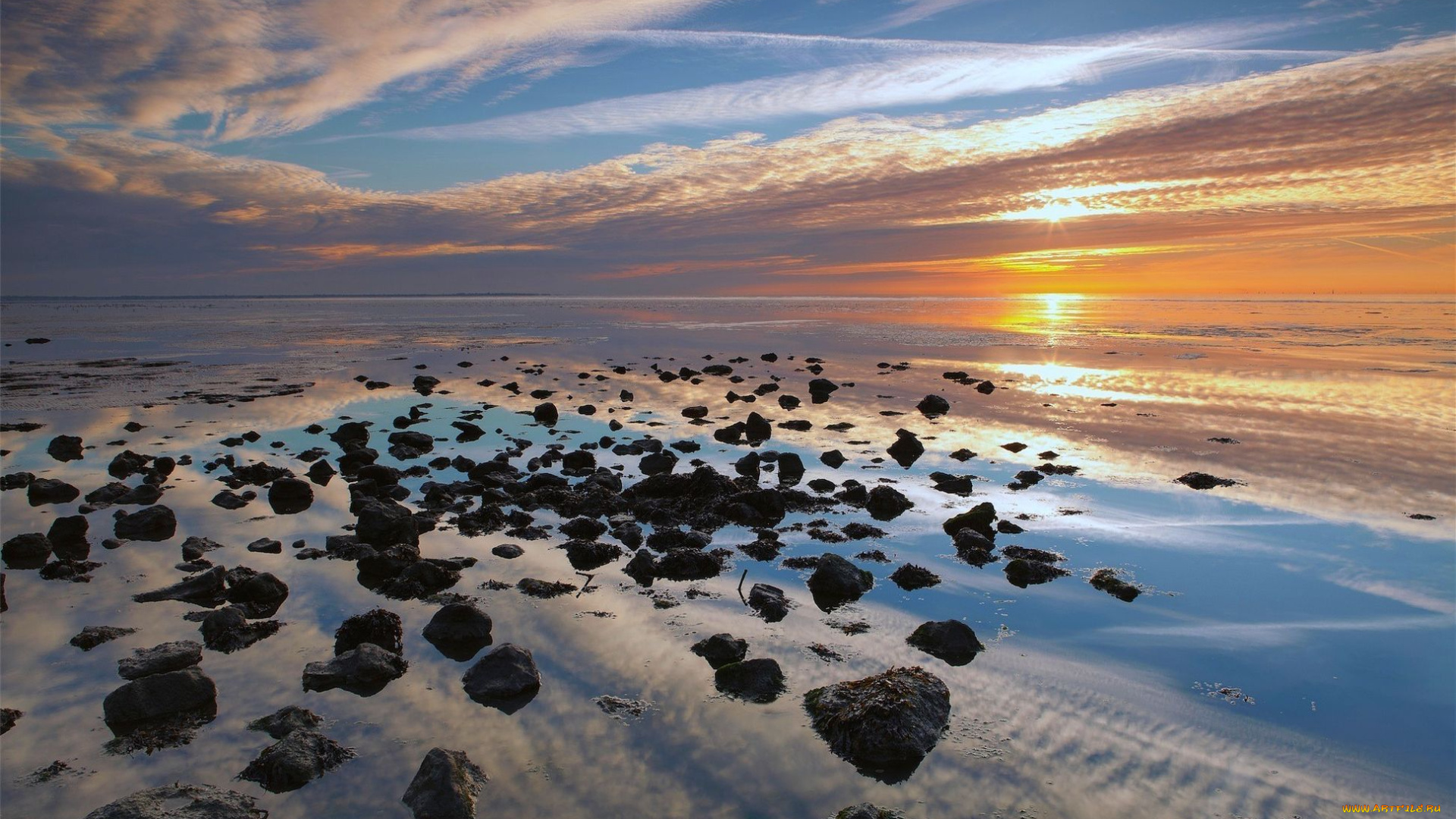 природа, побережье, закат, море