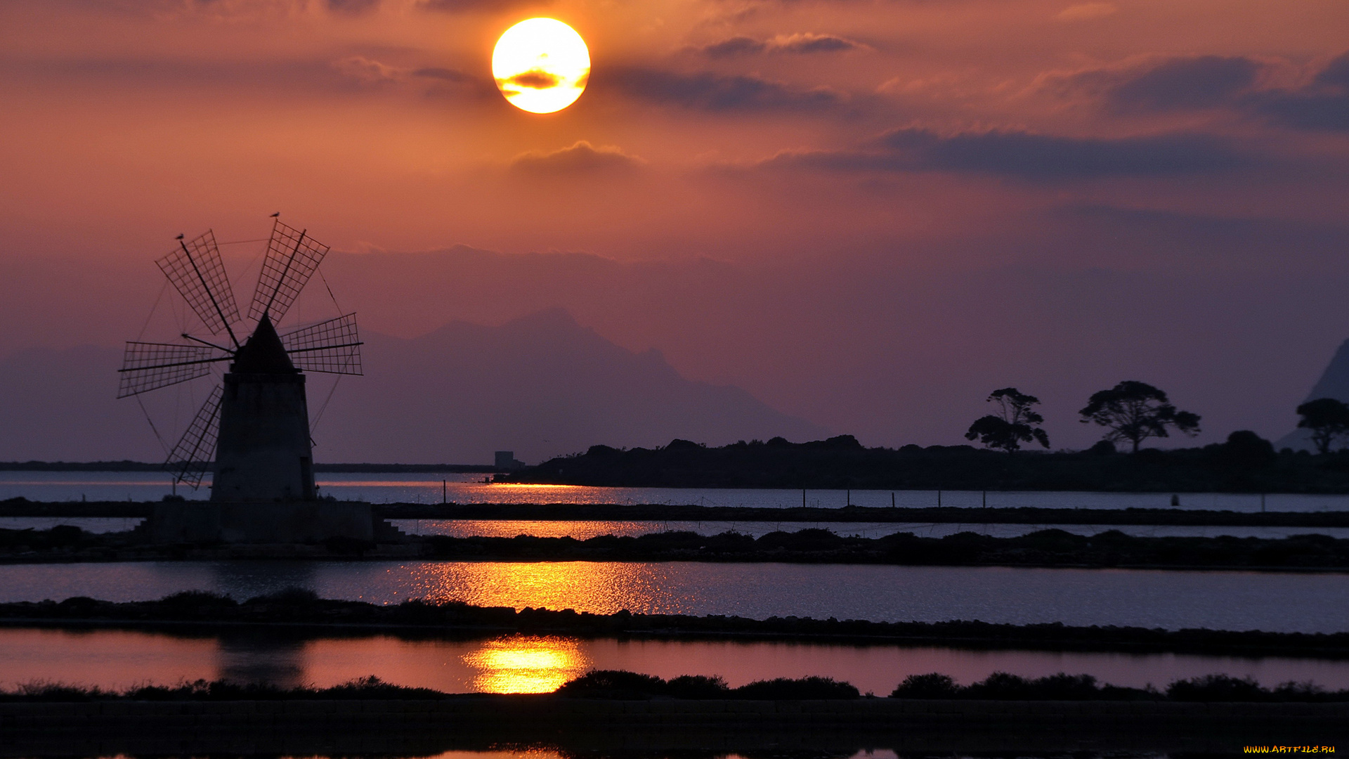 разное, мельницы, небо, мельница, вода, солнце