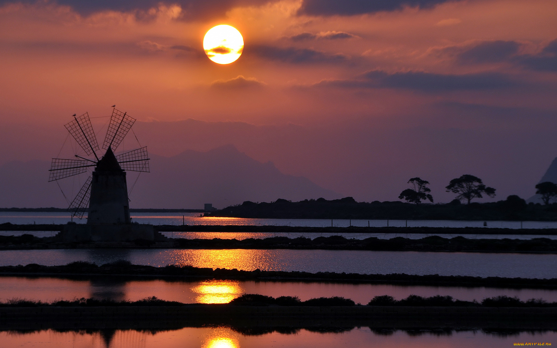 разное, мельницы, небо, мельница, вода, солнце