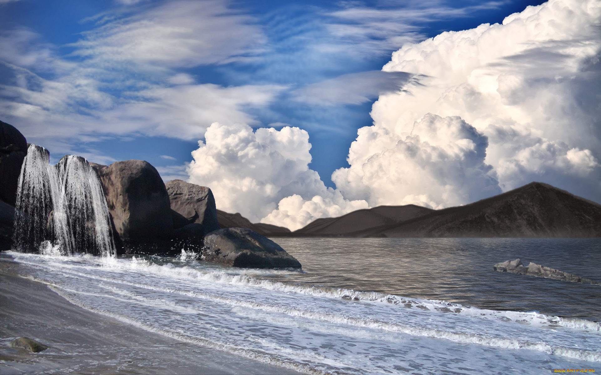 twin, falls, природа, водопады, облака, двойной, горы, обрыв