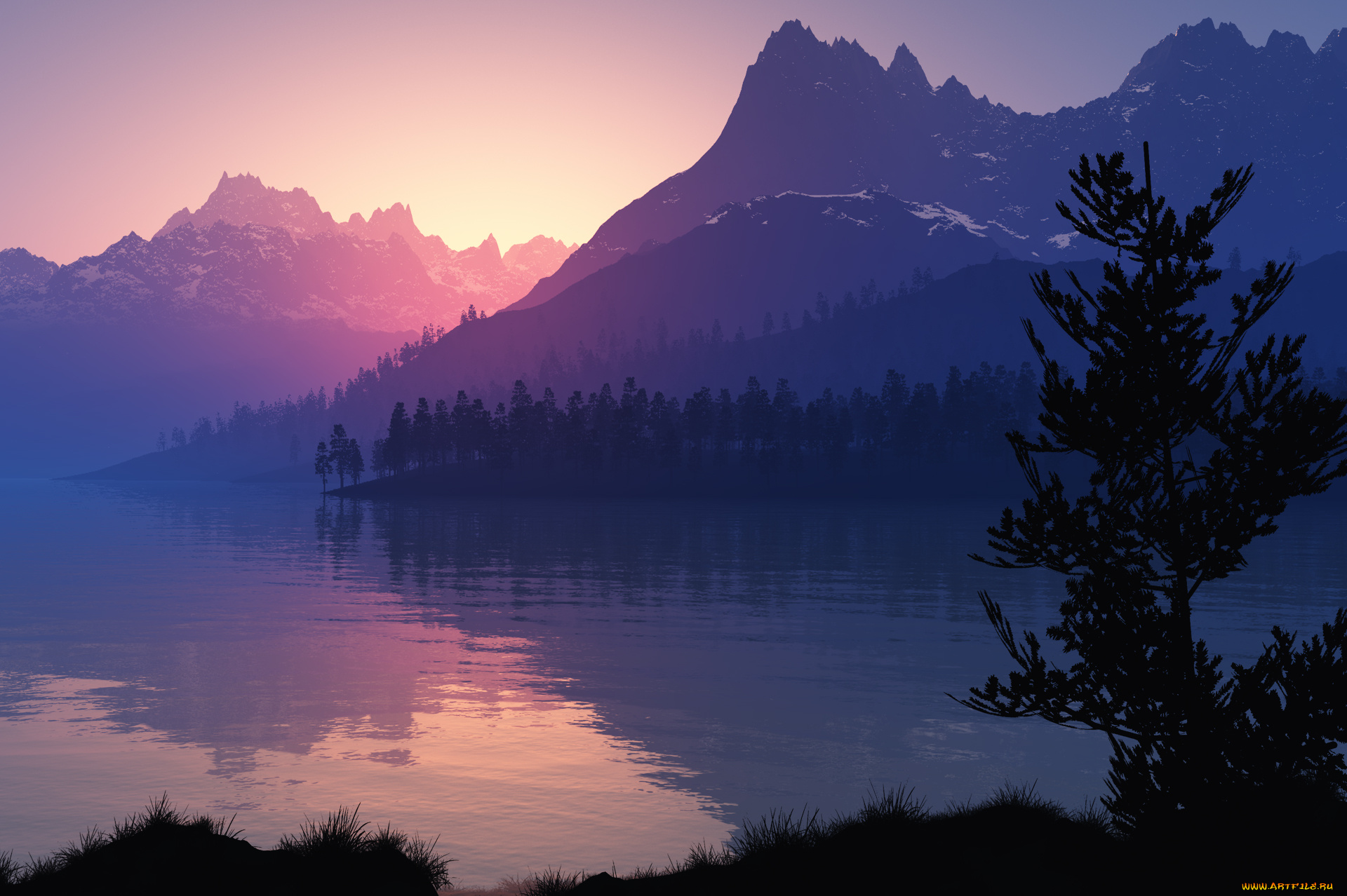 unreachable, 3д, графика, nature, landscape, природа, горы, сумрак, озеро