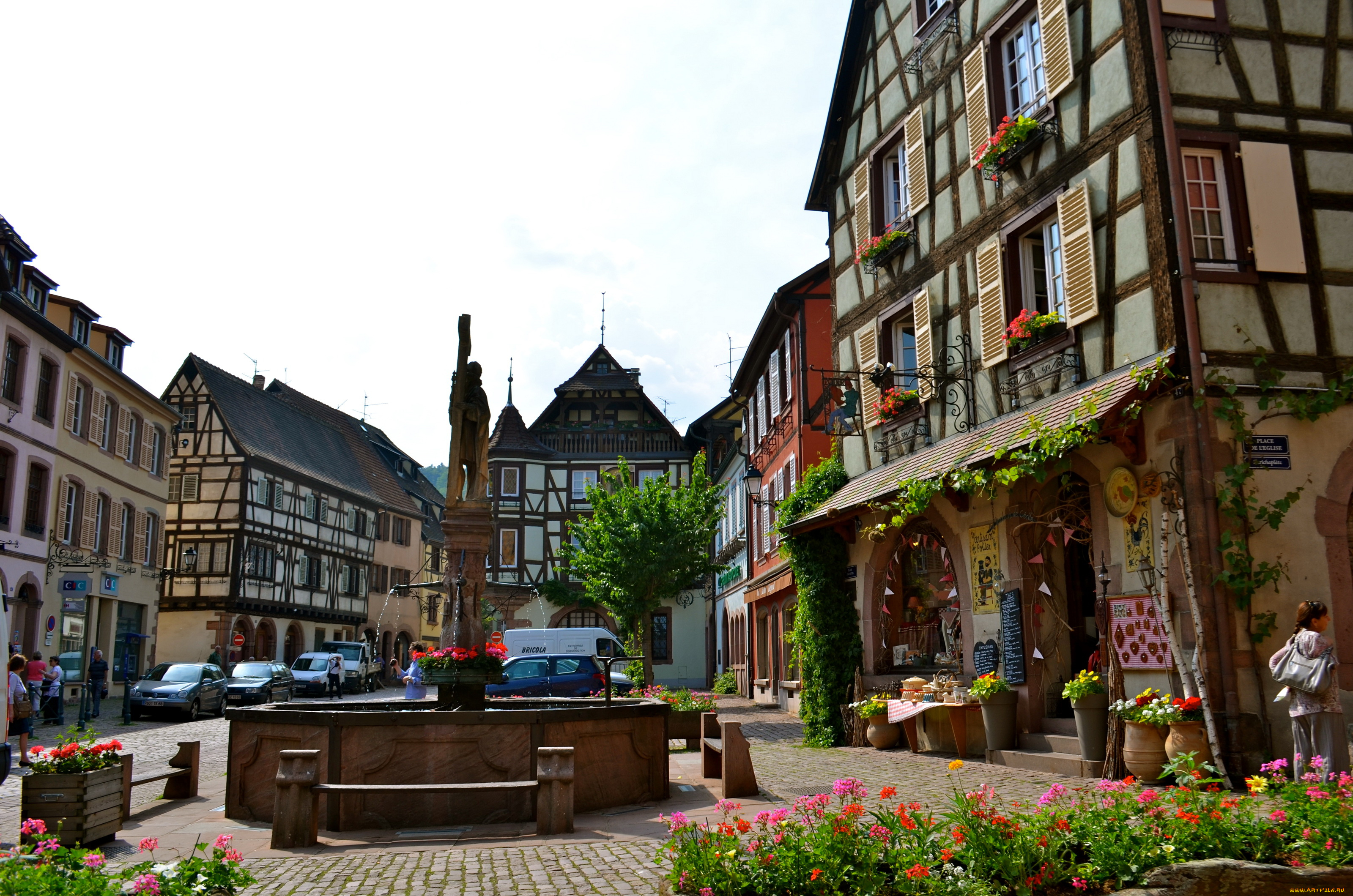 kayersberg, alsace, france, города, улицы, площади, набережные, дома, площадь, фонтан