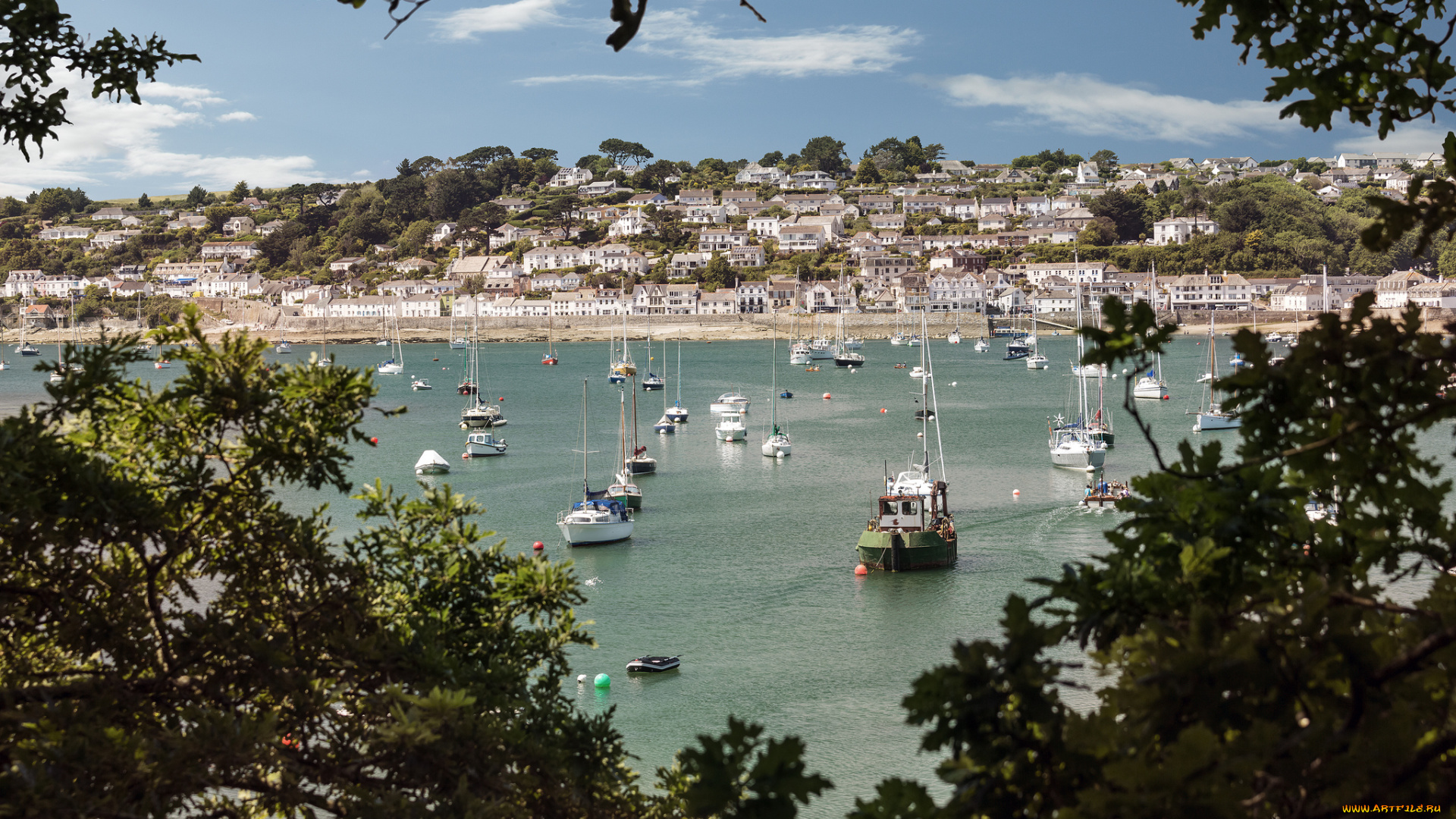 st, mawes, cornwall, england, корабли, разные, вместе, сейнт, мауэс, корнуолл, англия, гавань, яхты, катера, рейд, деревья
