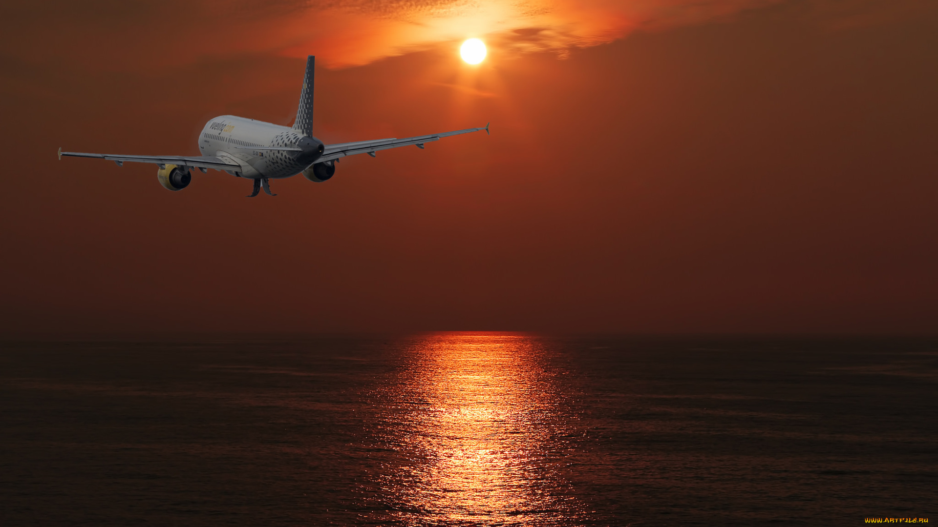 авиация, авиационный, пейзаж, креатив, авиалайнер, дорожка, закат, океан