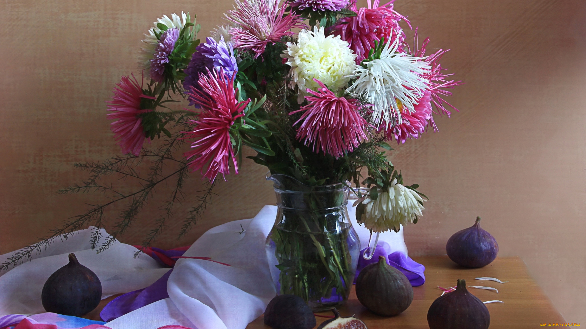 цветы, астры, букет, инжир