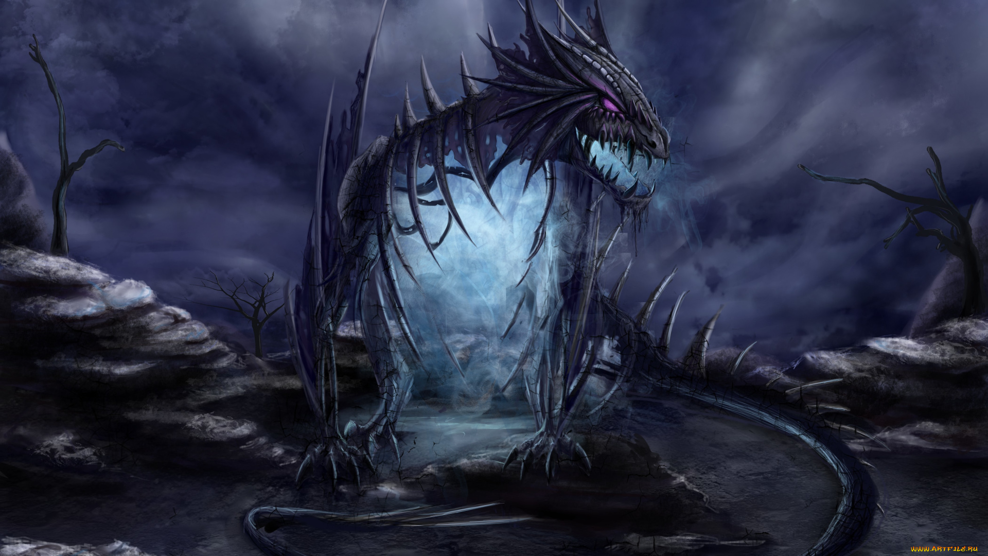 фэнтези, драконы, скалы, камни, дым, портал, кости, дракон, арт