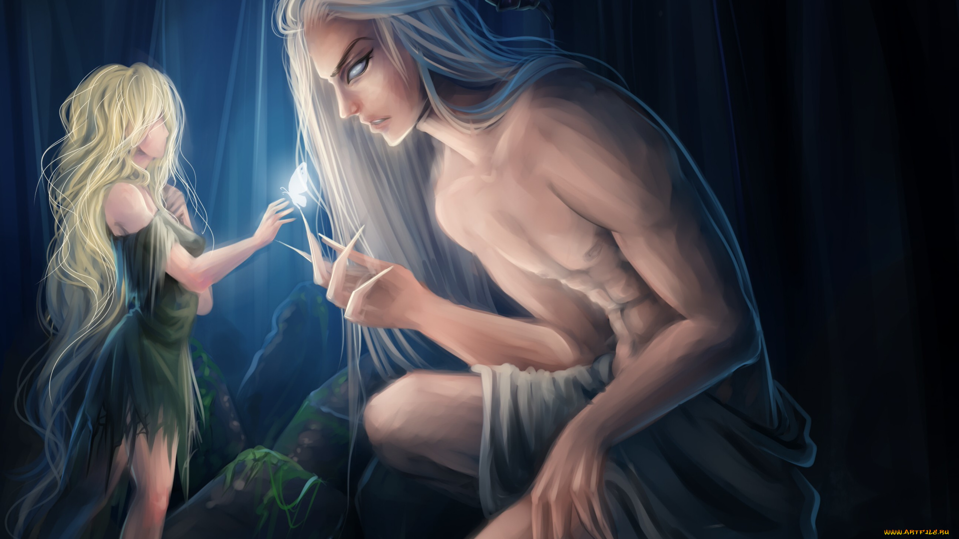 фэнтези, красавицы, и, чудовища, демон, бабочка, девушка, рога, парень, арт