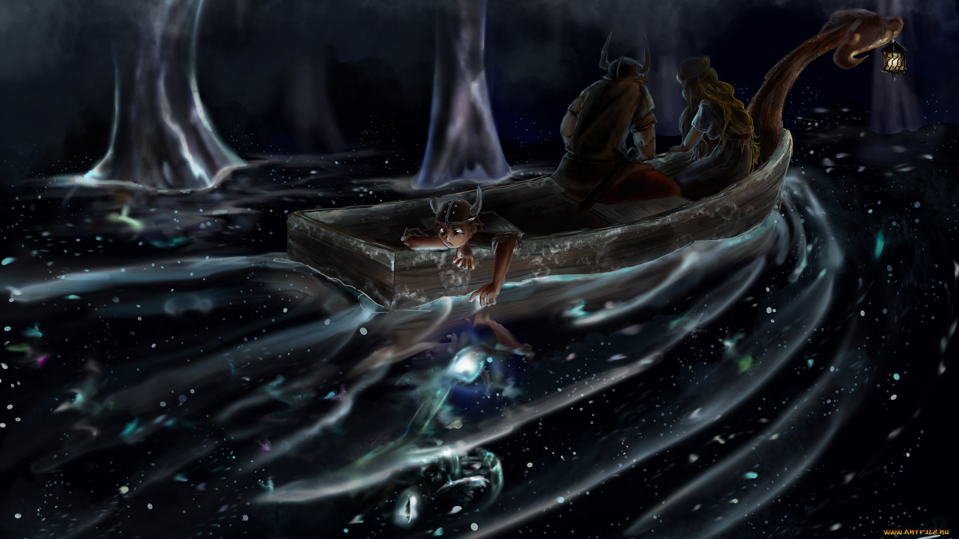 фэнтези, люди, небо, лодка, викинг, женщина, ребенок, звезды