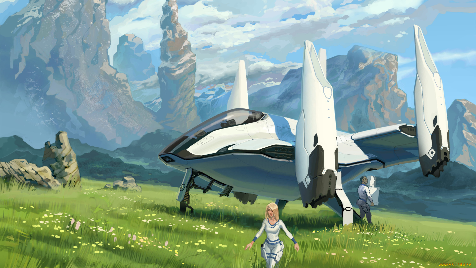 фэнтези, транспортные, средства, будущее, люди, поляна, скалы, летательный, аппарат