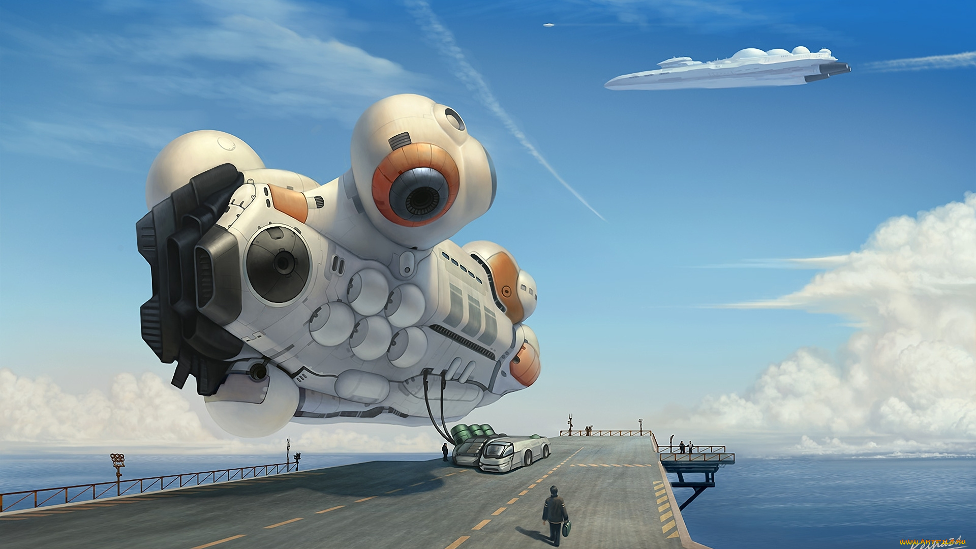 фэнтези, транспортные, средства, иной, мир, будущее, летательные, аппараты, взлетная, полоса, люди