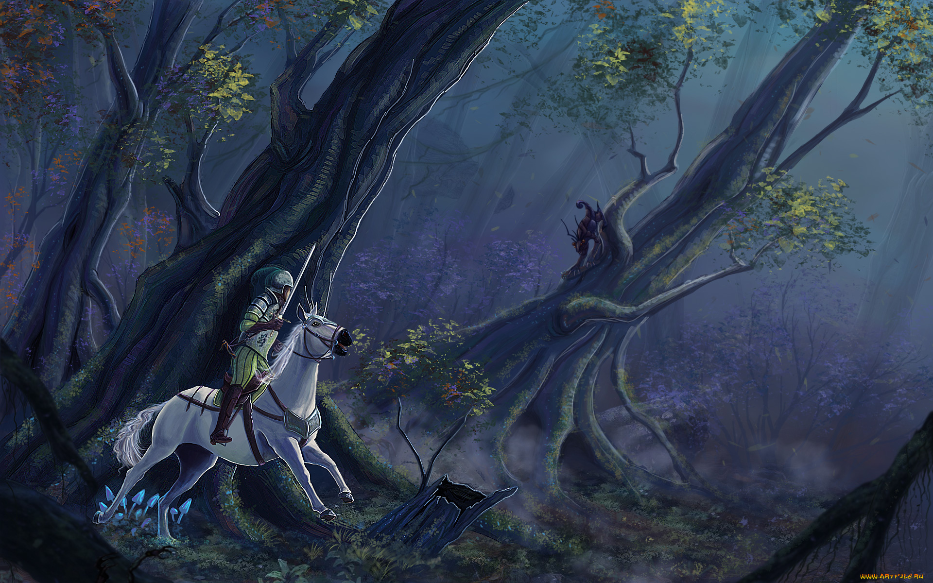 фэнтези, люди, лес, рыцарь, всадник, лошадь, белая, меч, существо