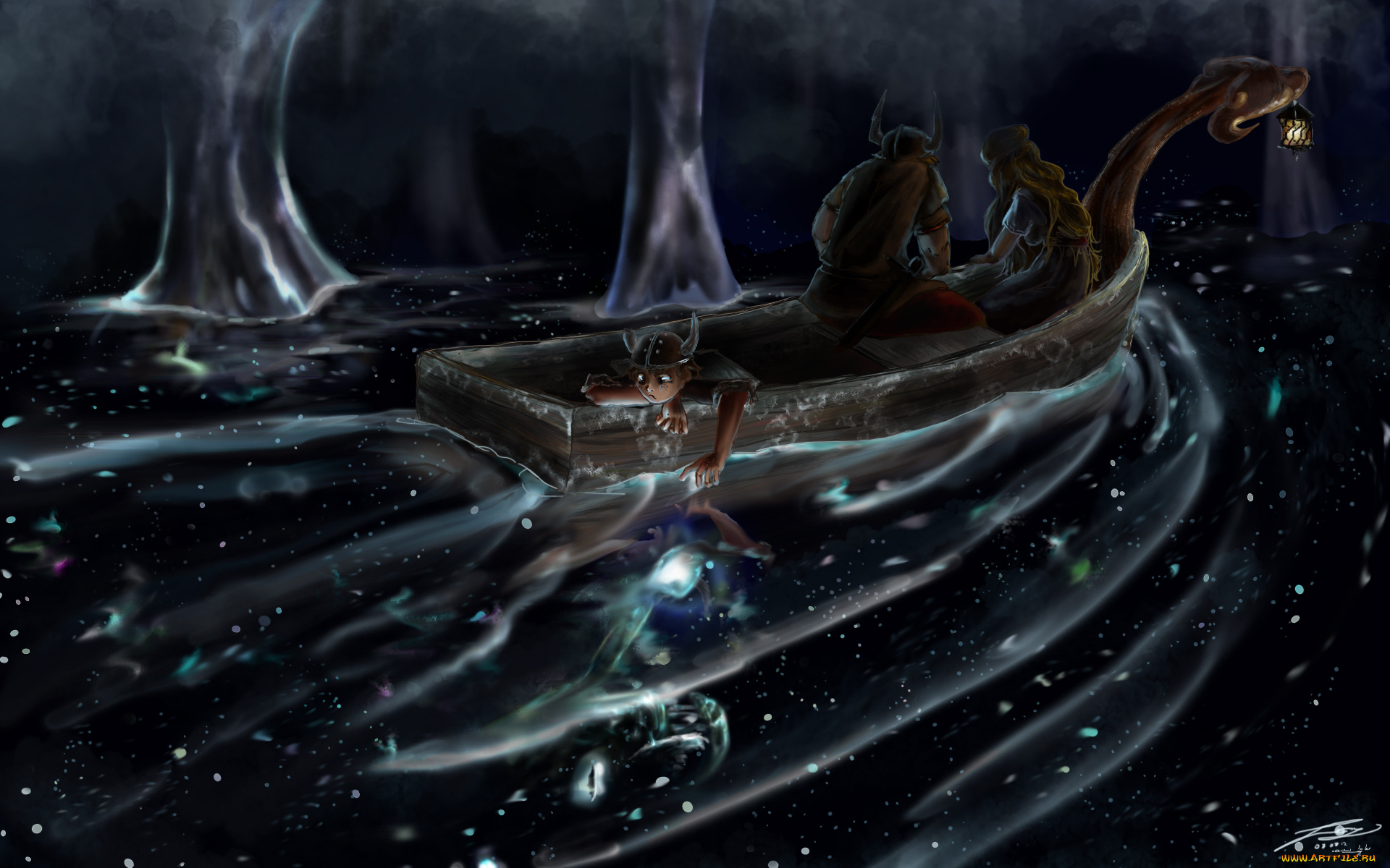 фэнтези, люди, небо, лодка, викинг, женщина, ребенок, звезды