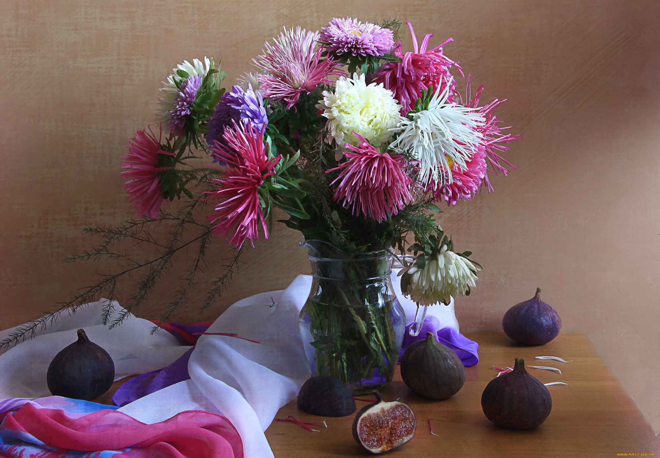 цветы, астры, букет, инжир