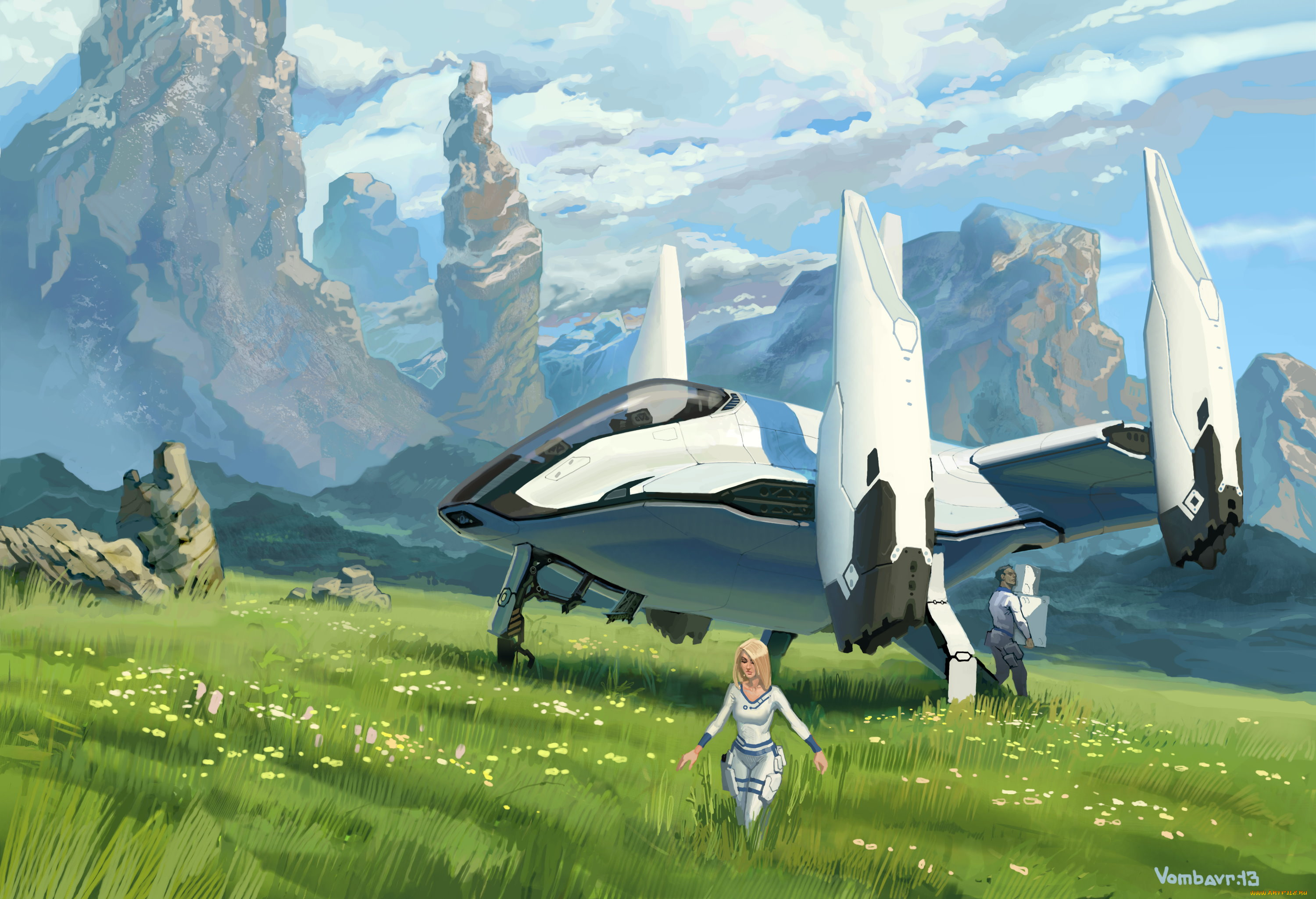 фэнтези, транспортные, средства, будущее, люди, поляна, скалы, летательный, аппарат