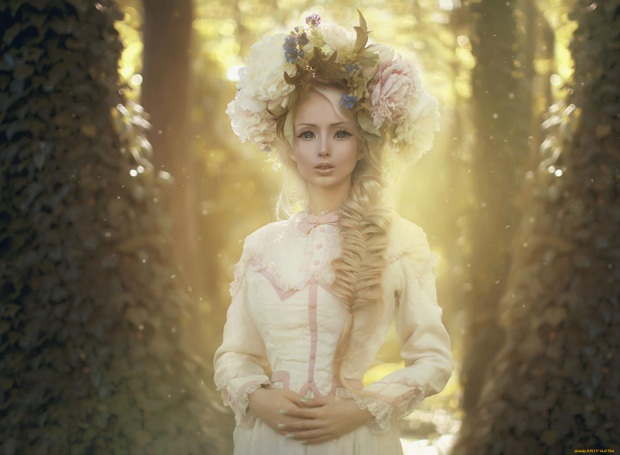 разное, игрушки, девушка, пейзаж, природа, кукла, цветы, венок, платье