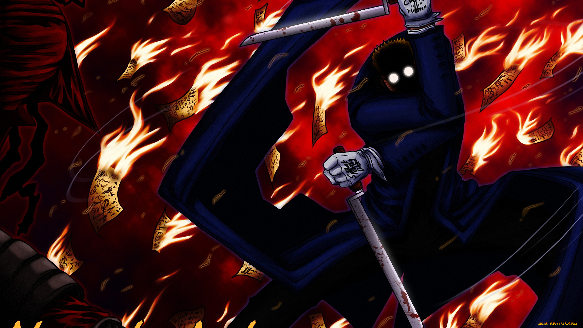 аниме, hellsing, огонь, меч, оружие, alexader, anderson