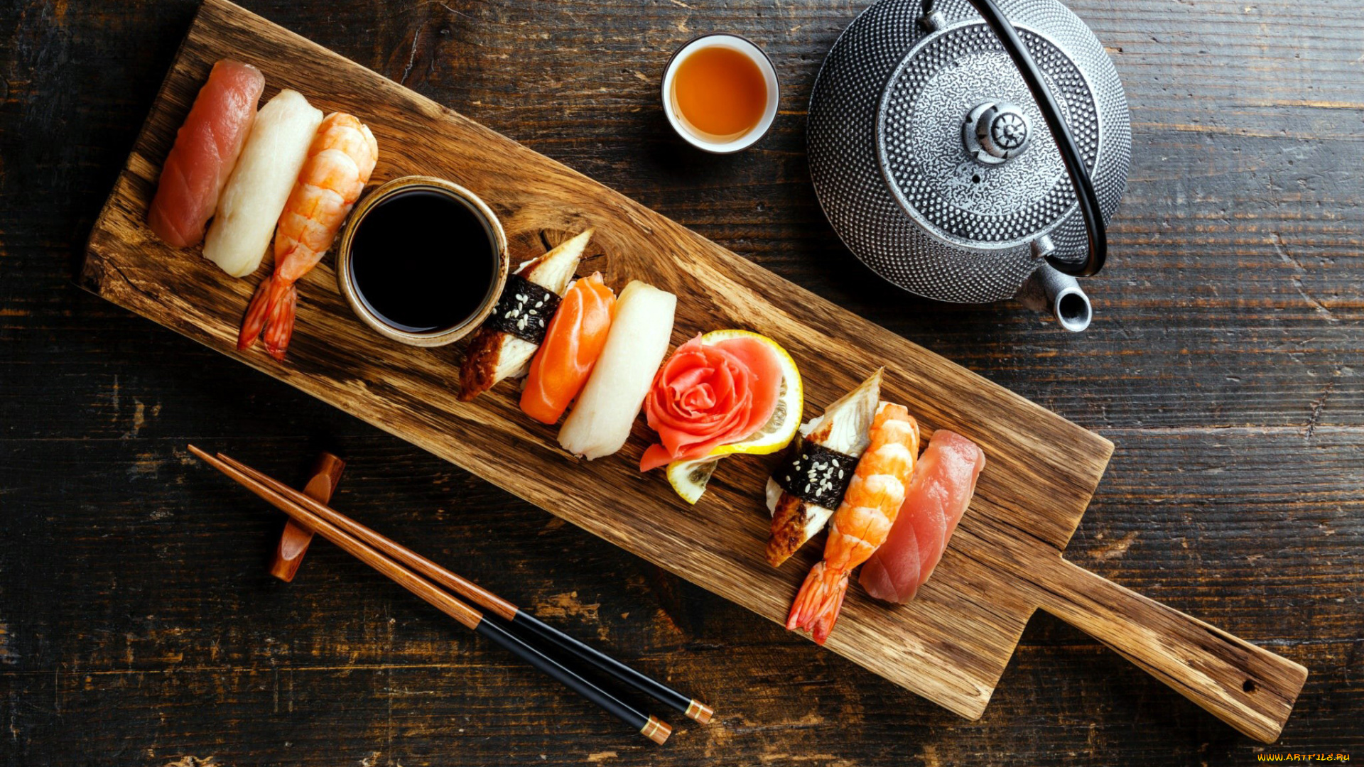 еда, рыба, , морепродукты, , суши, , роллы, имбирь, лимон, креветки, чайник