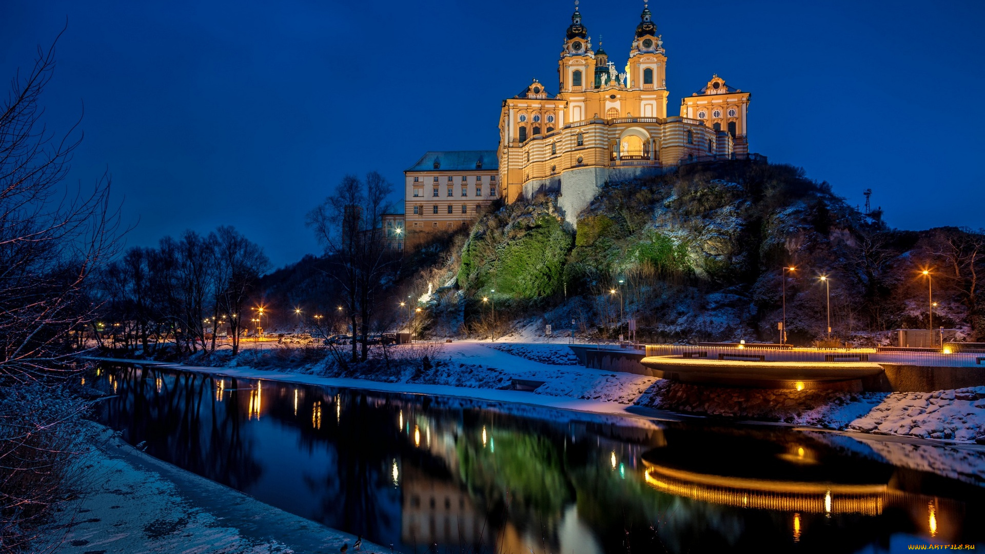 австрия, города, замки, австрии, дворец, деревья, фонари, снег, водоем