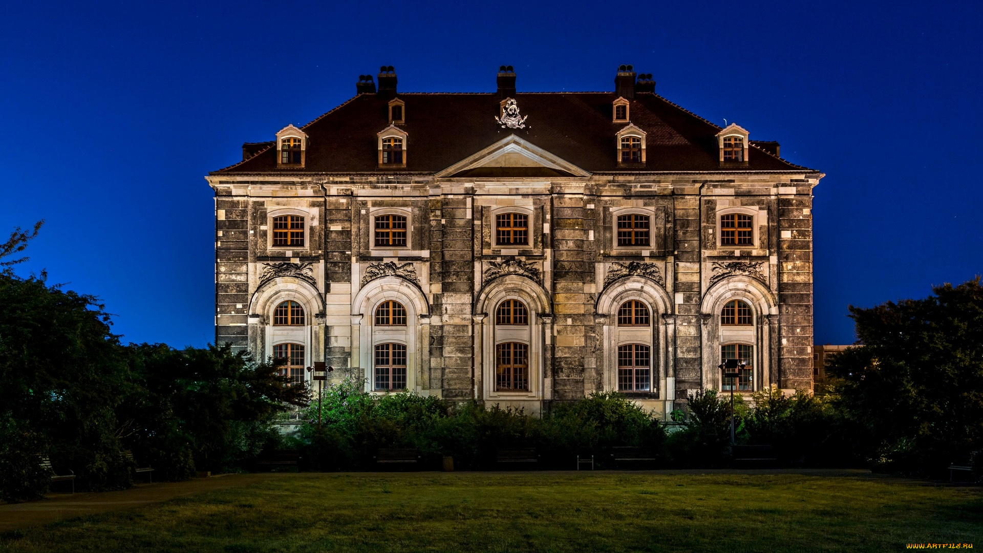 дрезден, города, дрезден, , германия, освещение, дом, деревья, газон