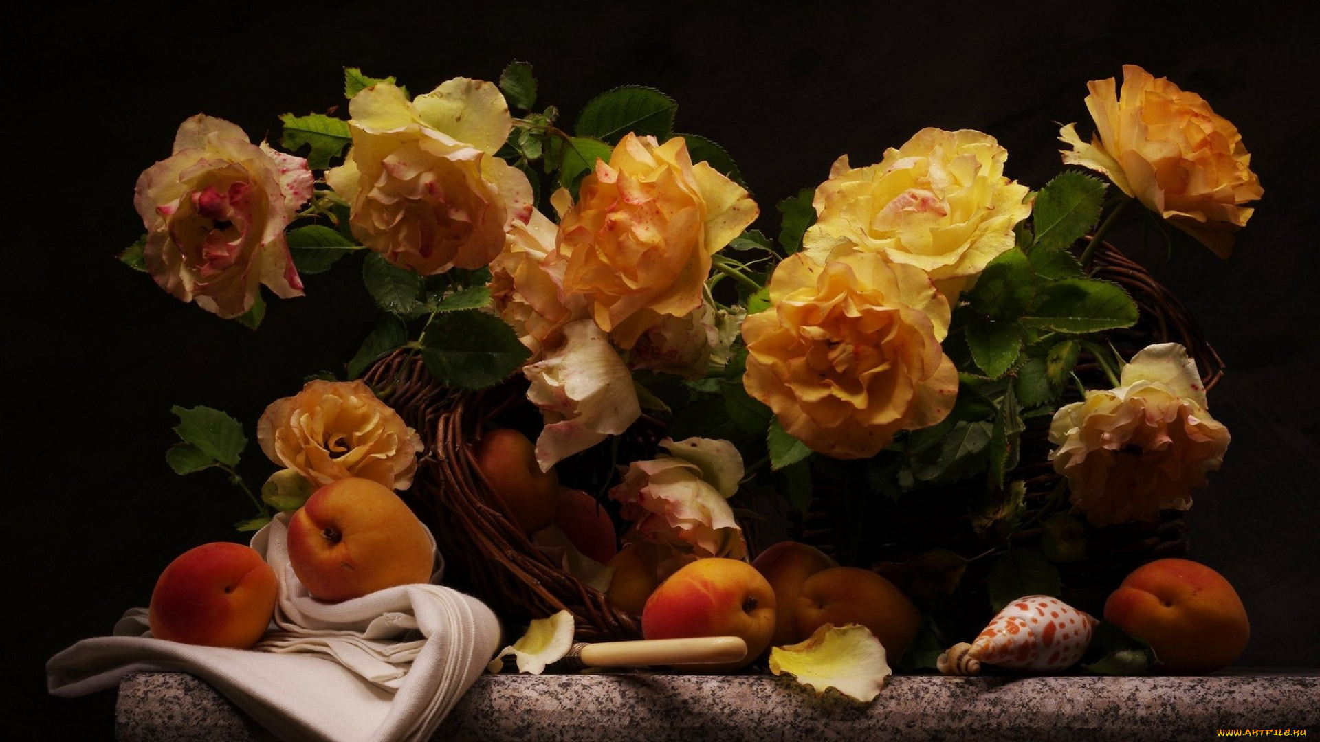 еда, натюрморт, ракушки, фрукты, абрикосы, розы, цветы, корзина