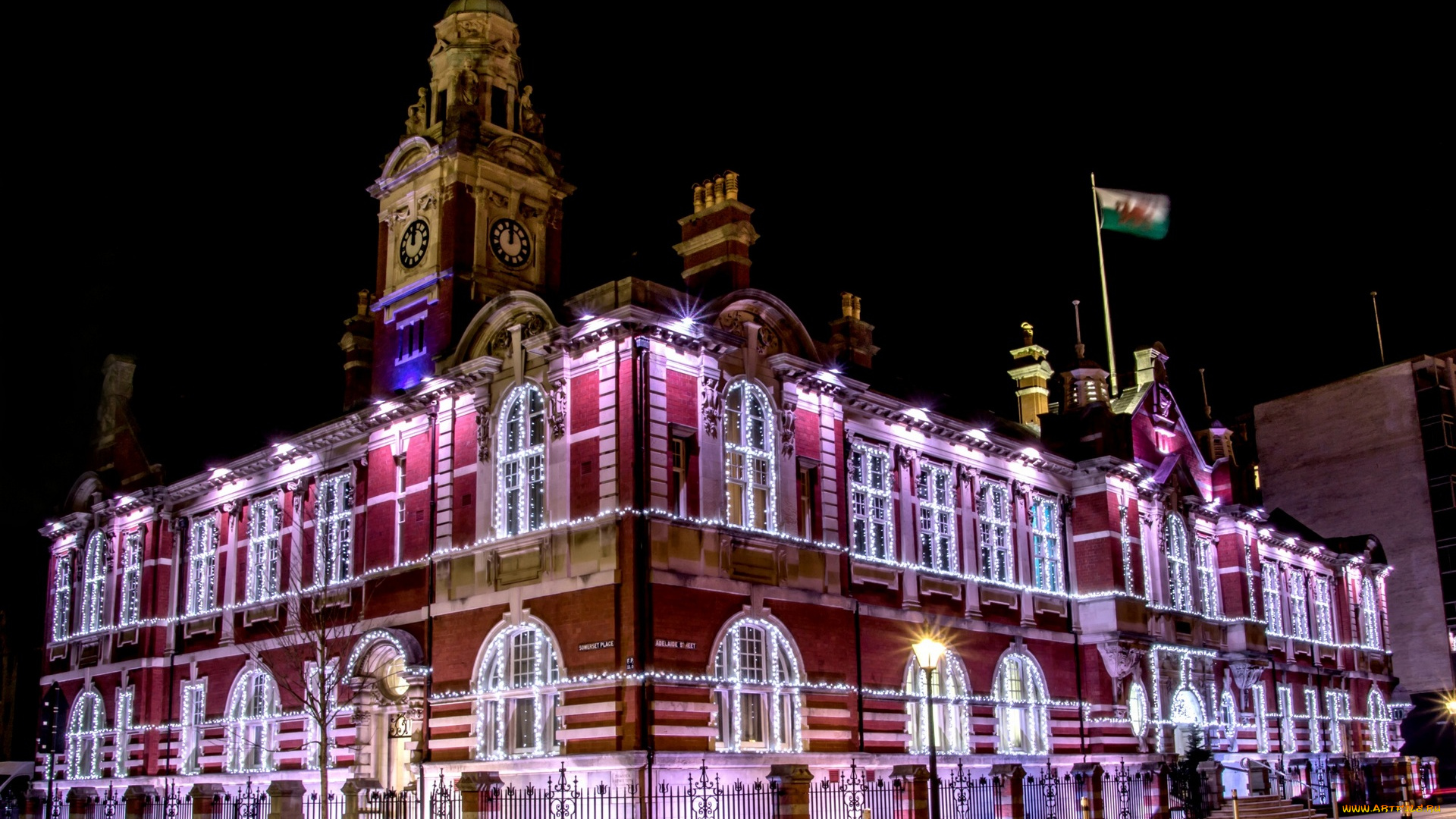 города, -, огни, ночного, города, фонари, ночь, гирлянда, флаг