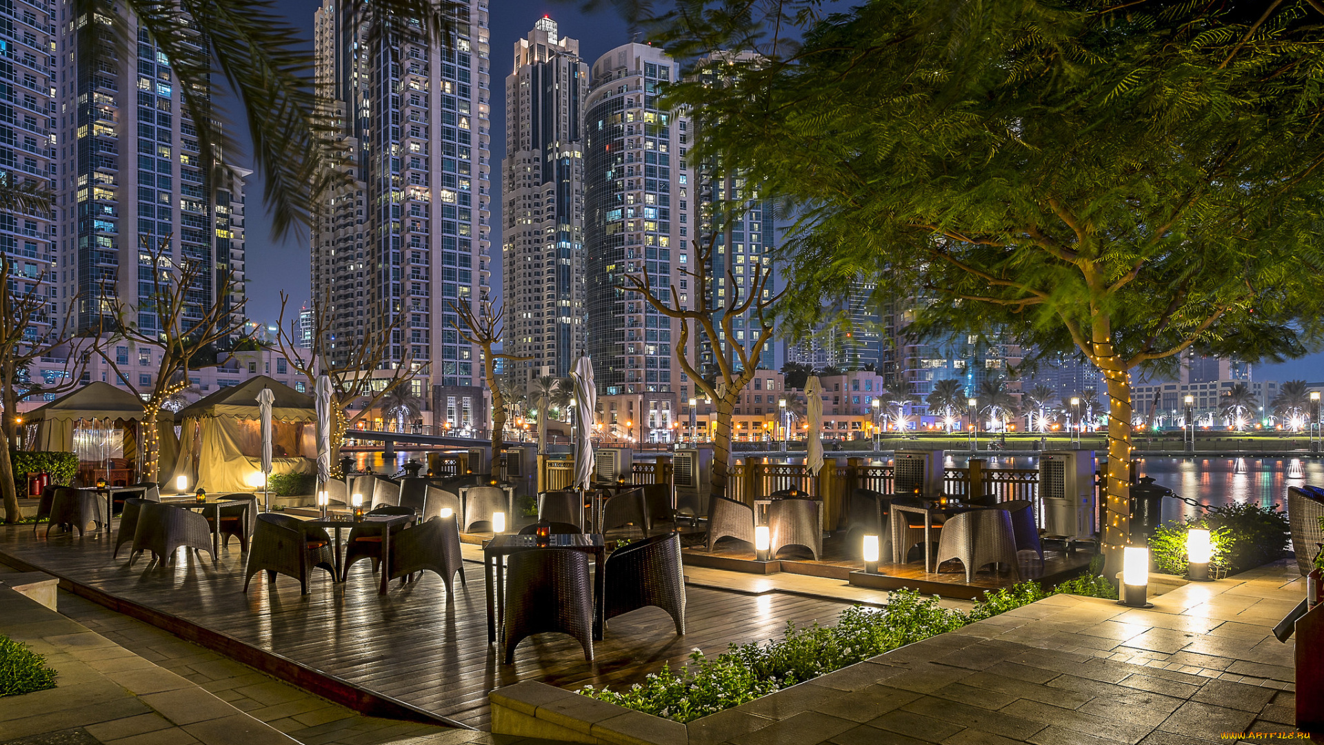 города, -, огни, ночного, города, кафе, небоскребы, ночь