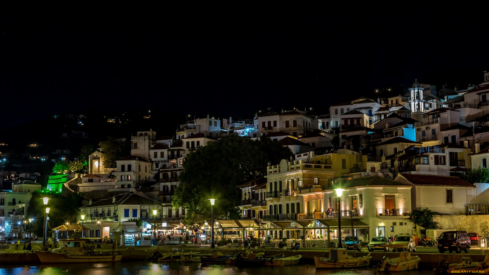 города, -, панорамы, ночь, деревья, здания, фонари, лодки, водоем