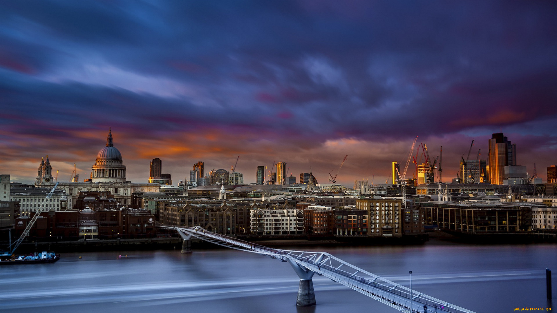 города, лондон, , великобритания, river, thames, london, millennium, bridge, sunset, st, paul's, cathedral