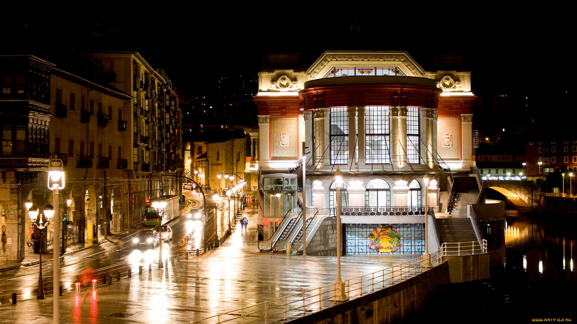 испания, города, -, огни, ночного, города, дорога, водоем, фонари, здания