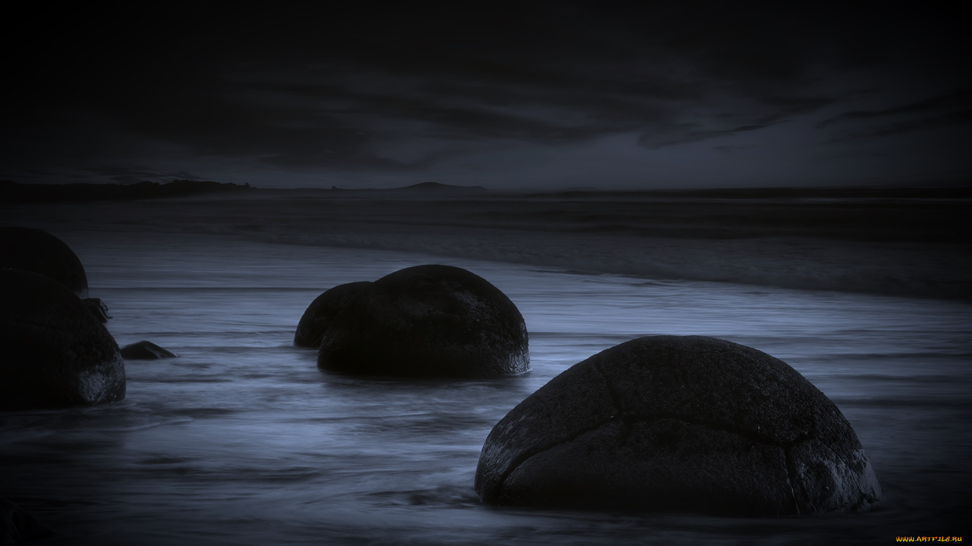 природа, побережье, камни, ночь, море